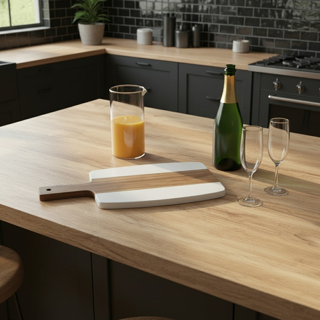 White Marble & Acacia Wood Cutting Board with Handle