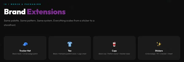 Four-99’s merch and packaging page: a trucker hat, a tee, cups and stickers, listed with their colors and patterns