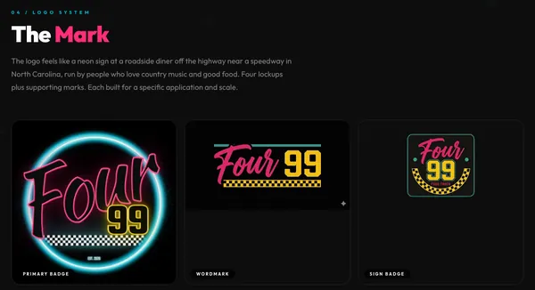 Four-99’s logo page: the neon circle badge, the wordmark and the sign badge