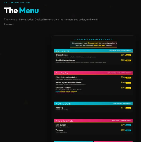 Four-99’s menu page: their menu board with burgers, chicken, hot dogs and kids meals at today’s prices