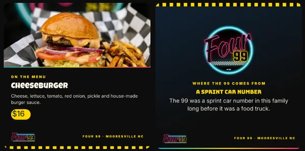 Four-99’s post designs from their Blueprint: a cheeseburger and the sprint car number story, in their colors