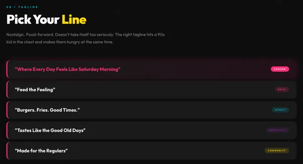 Four-99’s tagline page: five candidate lines, with Where Every Day Feels Like Saturday Morning marked chosen