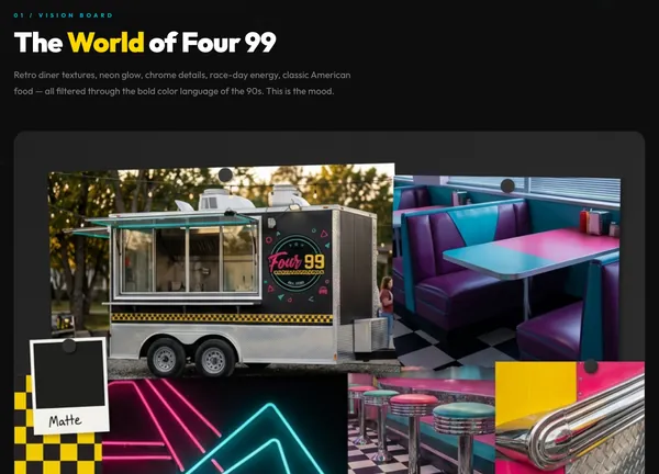 Four-99’s vision board: diner booths, neon, chrome, a checker floor and a design render of their truck