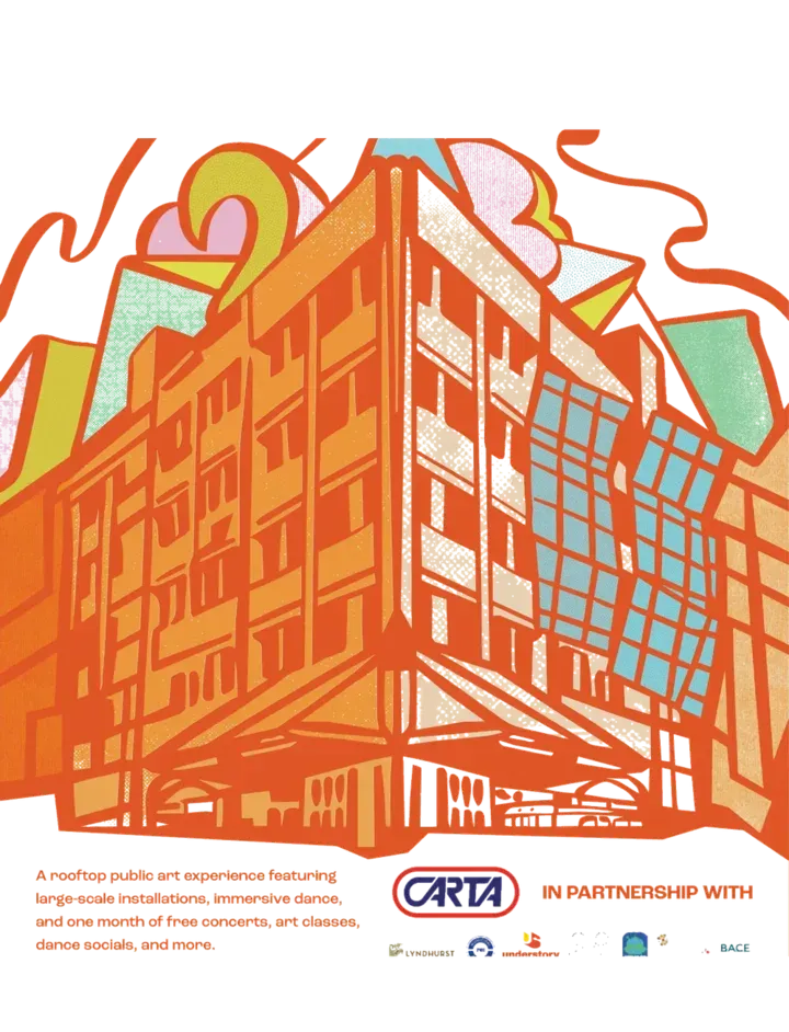 The Search Party poster: the building drawn in orange line