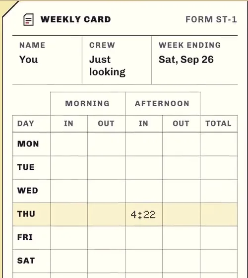 The Straight Time weekly card, from the SaaS concept