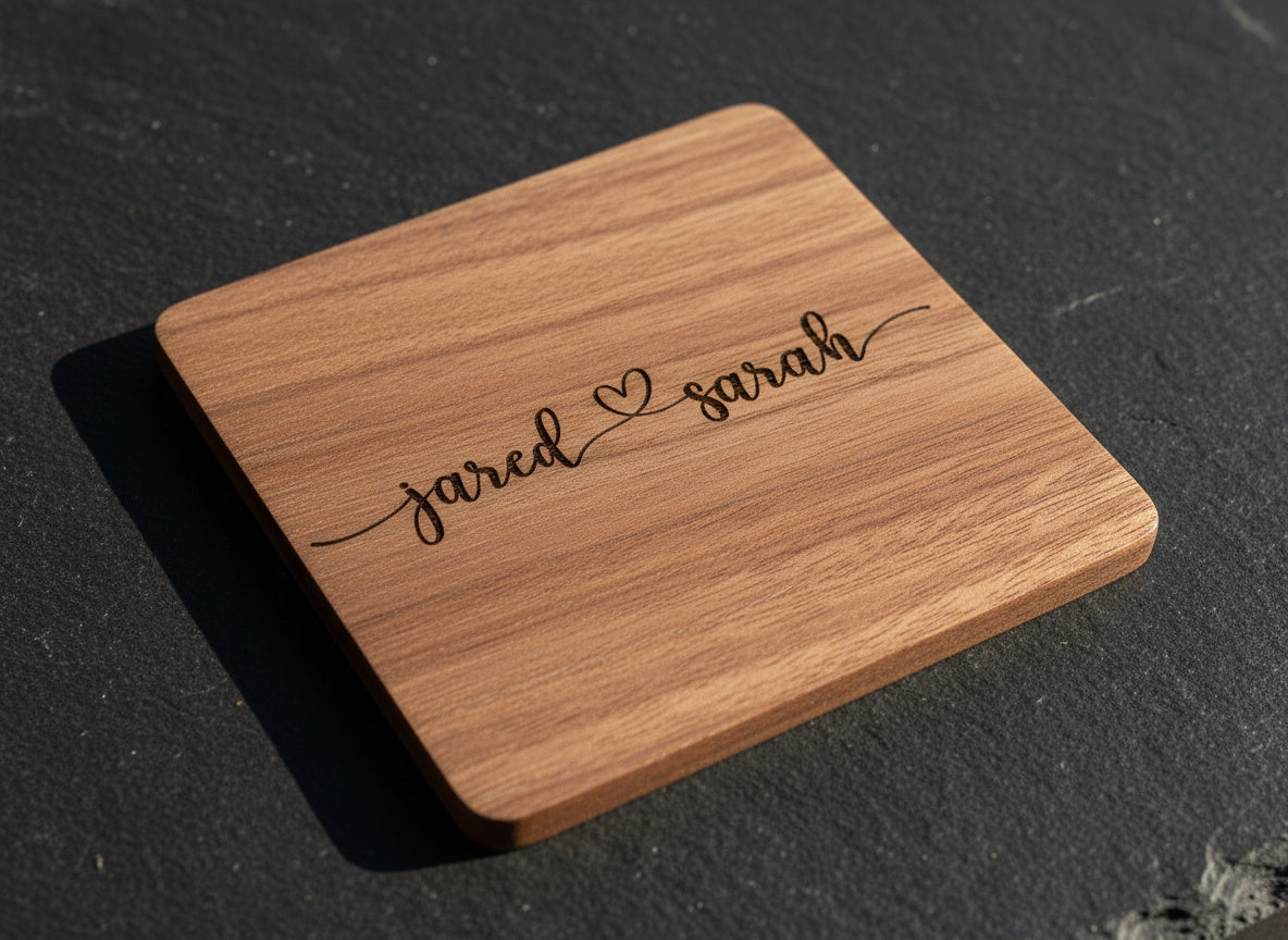2 Names & Heart coaster engraving preview