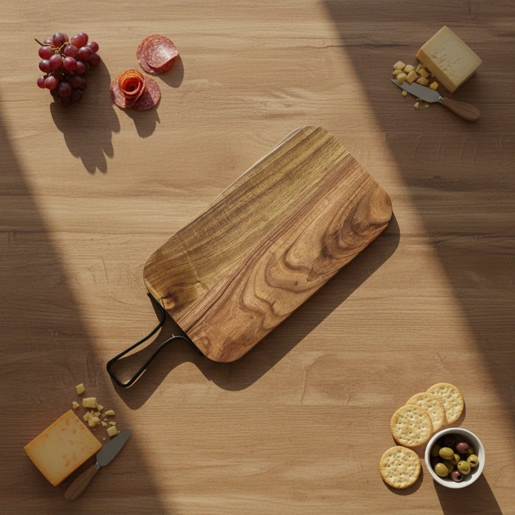 Acacia Wood Cutting Board with Black Metal Handle