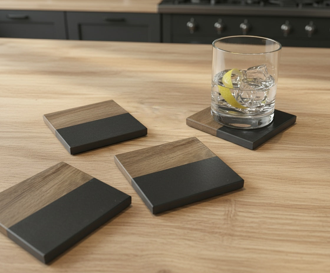 Black Marble & Acacia Wood Coasters (Set of 4)