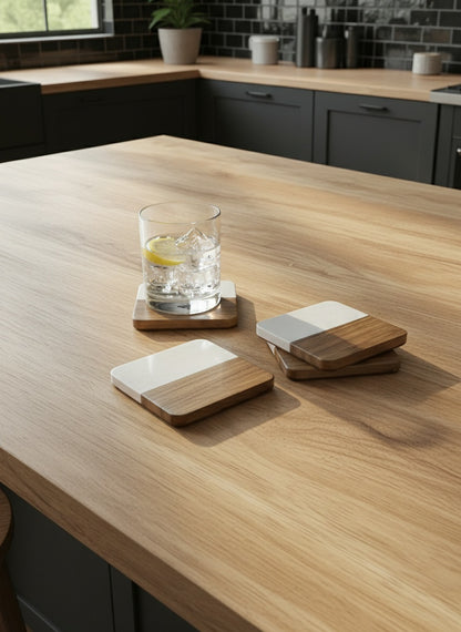 White Marble & Acacia Wood Coasters (Set of 4)