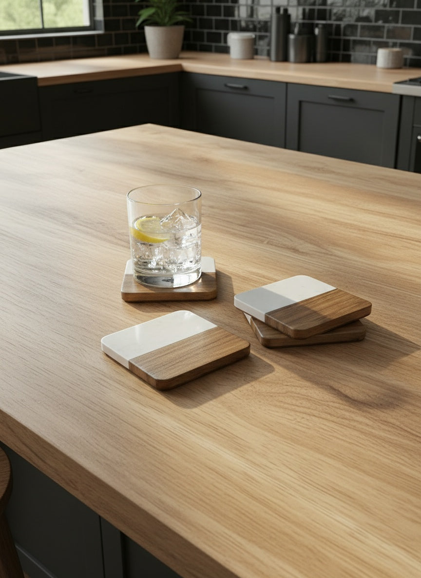 White Marble & Acacia Wood Coasters (Set of 4)