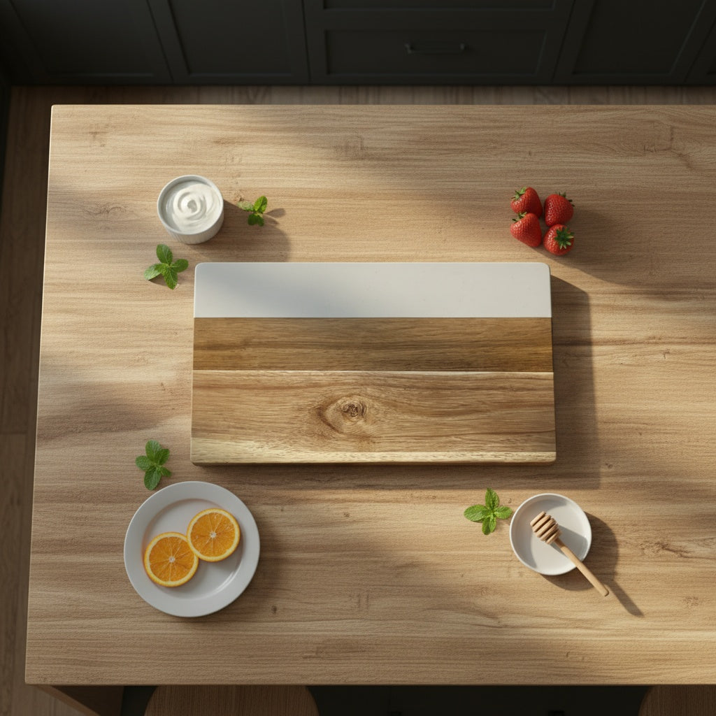 White Marble & Acacia Wood Rectangular Cutting Board - Large