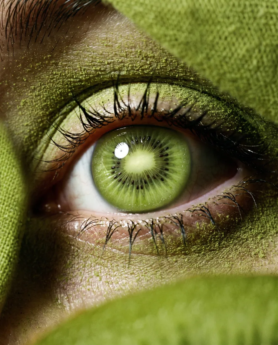 An eye whose iris is a kiwi, staring back