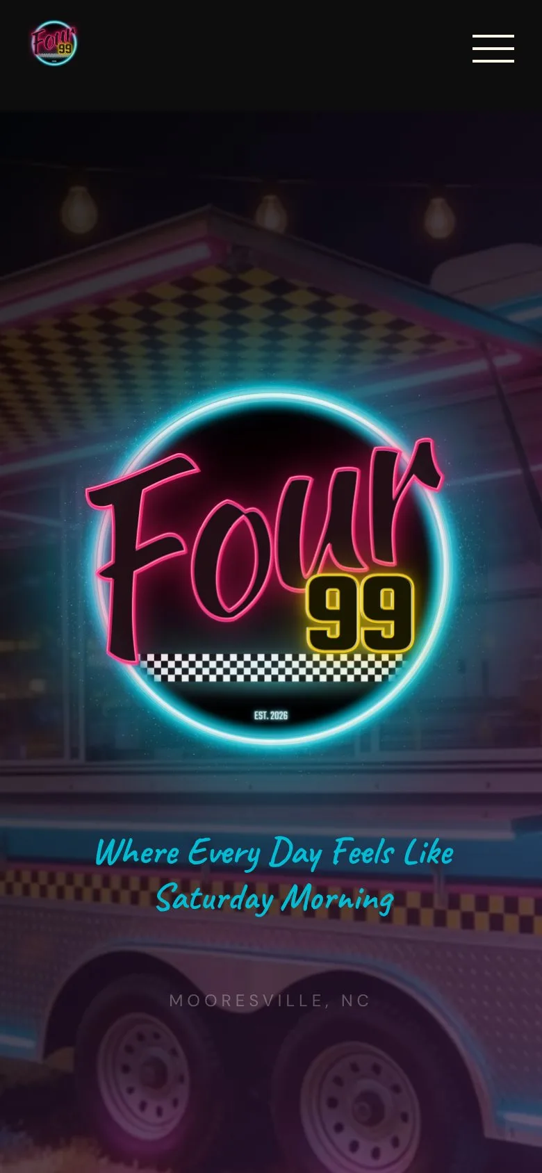 The live Four-99 website: their neon badge over the truck at night, on a phone