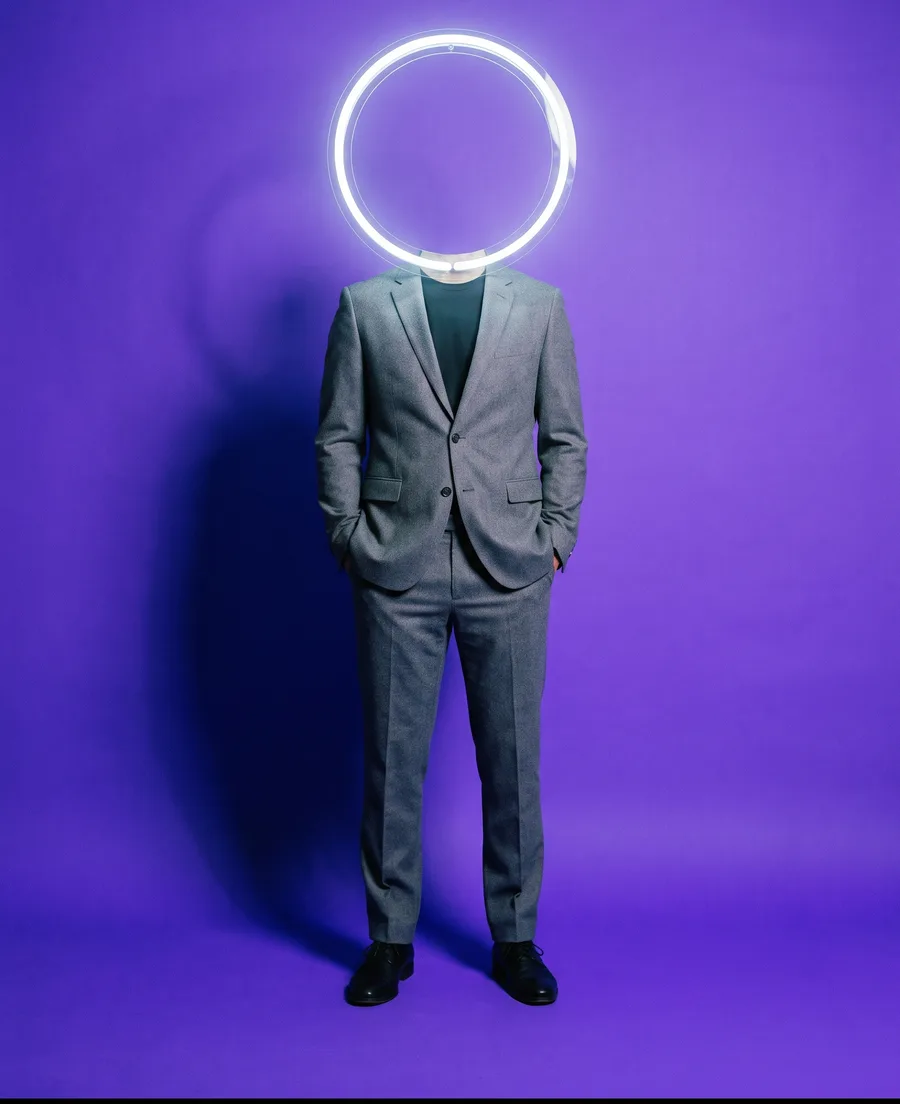 A head made of a ring light, glowing violet