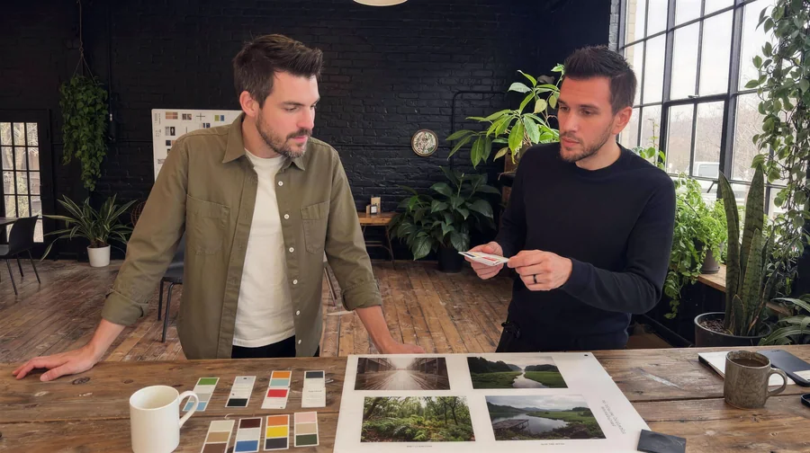 Steve and Nolan at the studio table with palette cards and a photo board