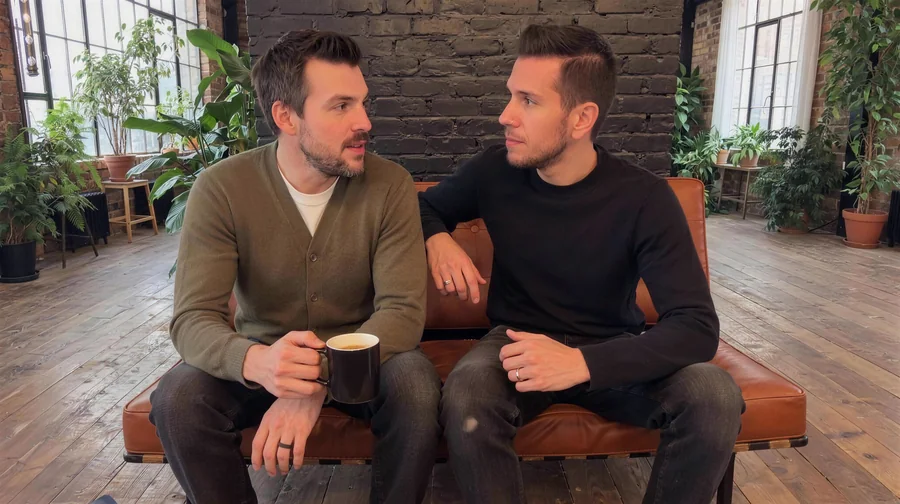 Steve and Nolan on the leather couch in the studio with coffee, talking