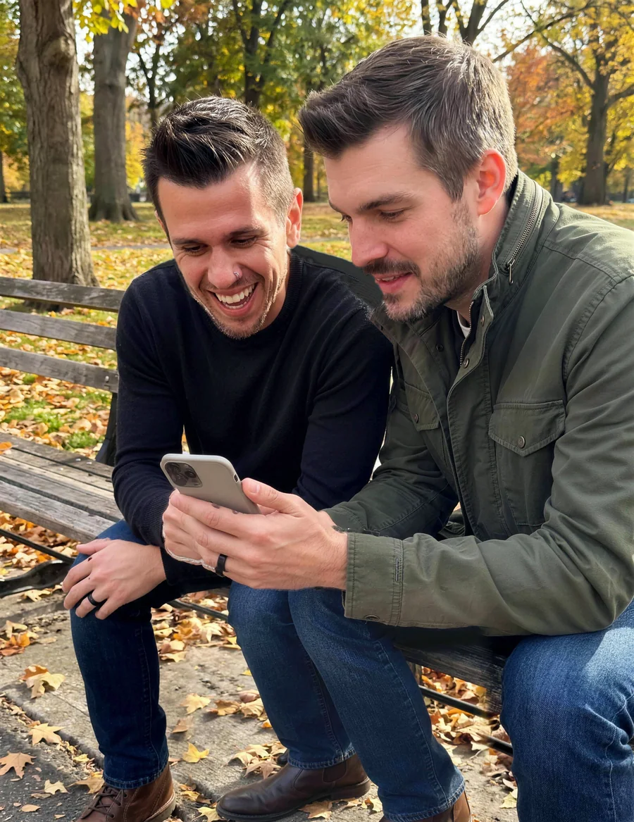 Steve and Nolan on a park bench in the fall, laughing at a phone