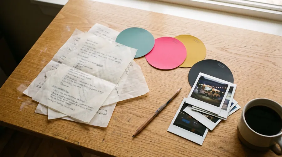 Handwritten notes, color chips and photos on a wooden table