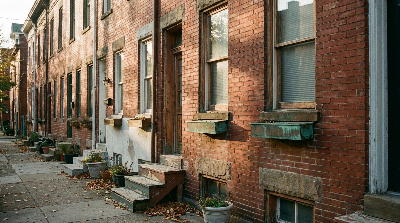 Brick rowhouse facades along Butler Street at golden hour