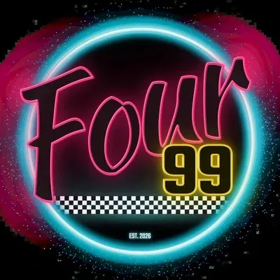 The Four-99 badge: a hot pink script Four and a yellow 99 inside a neon ring
