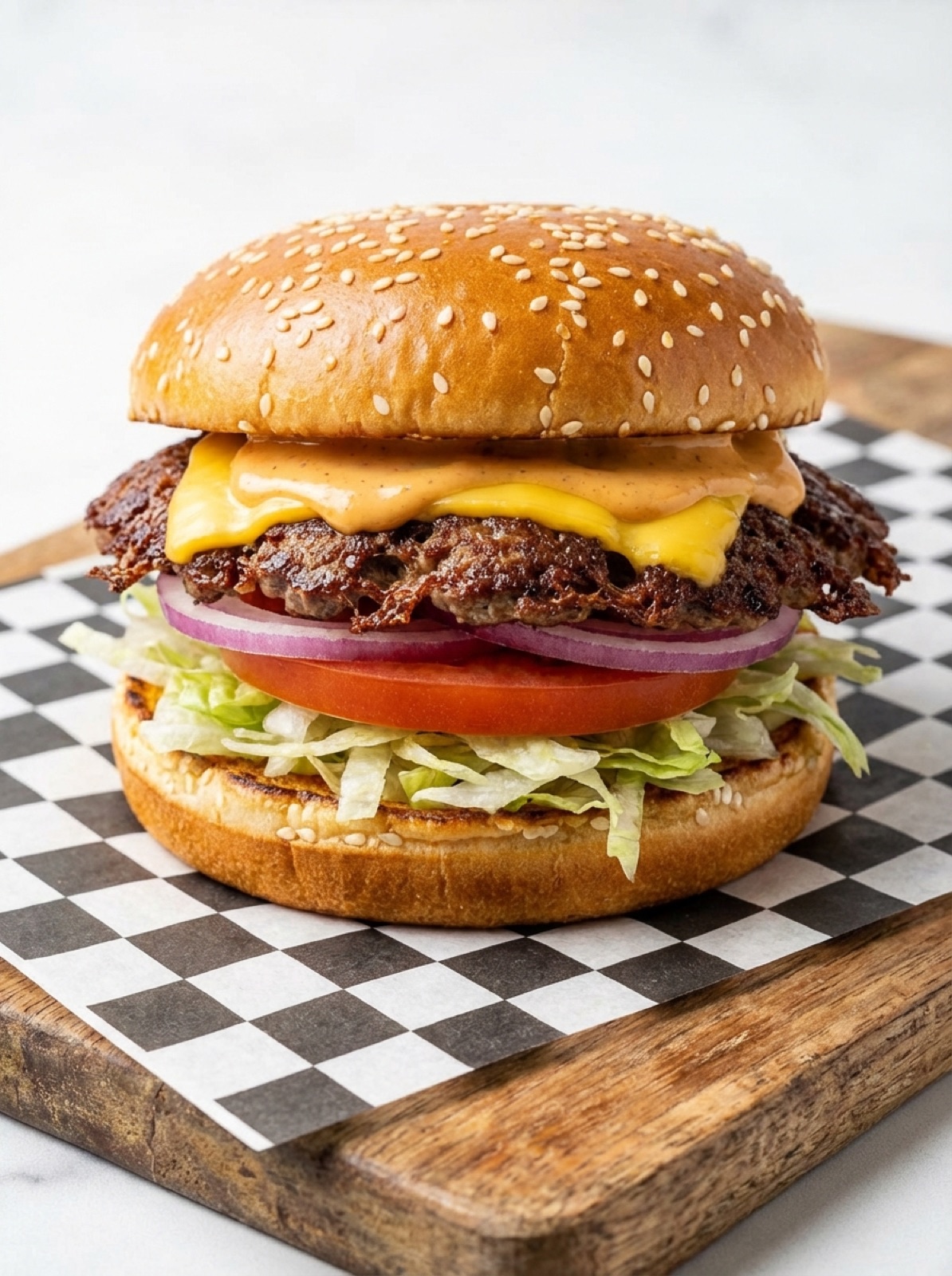 Double cheeseburger with lettuce, tomato and onion on a sesame bun on checkered paper
