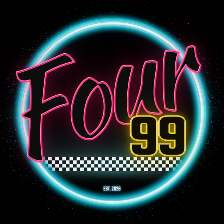 Four 99 neon round badge logo, pink script Four and yellow block 99 inside a glowing cyan ring with a checkered-flag strip
