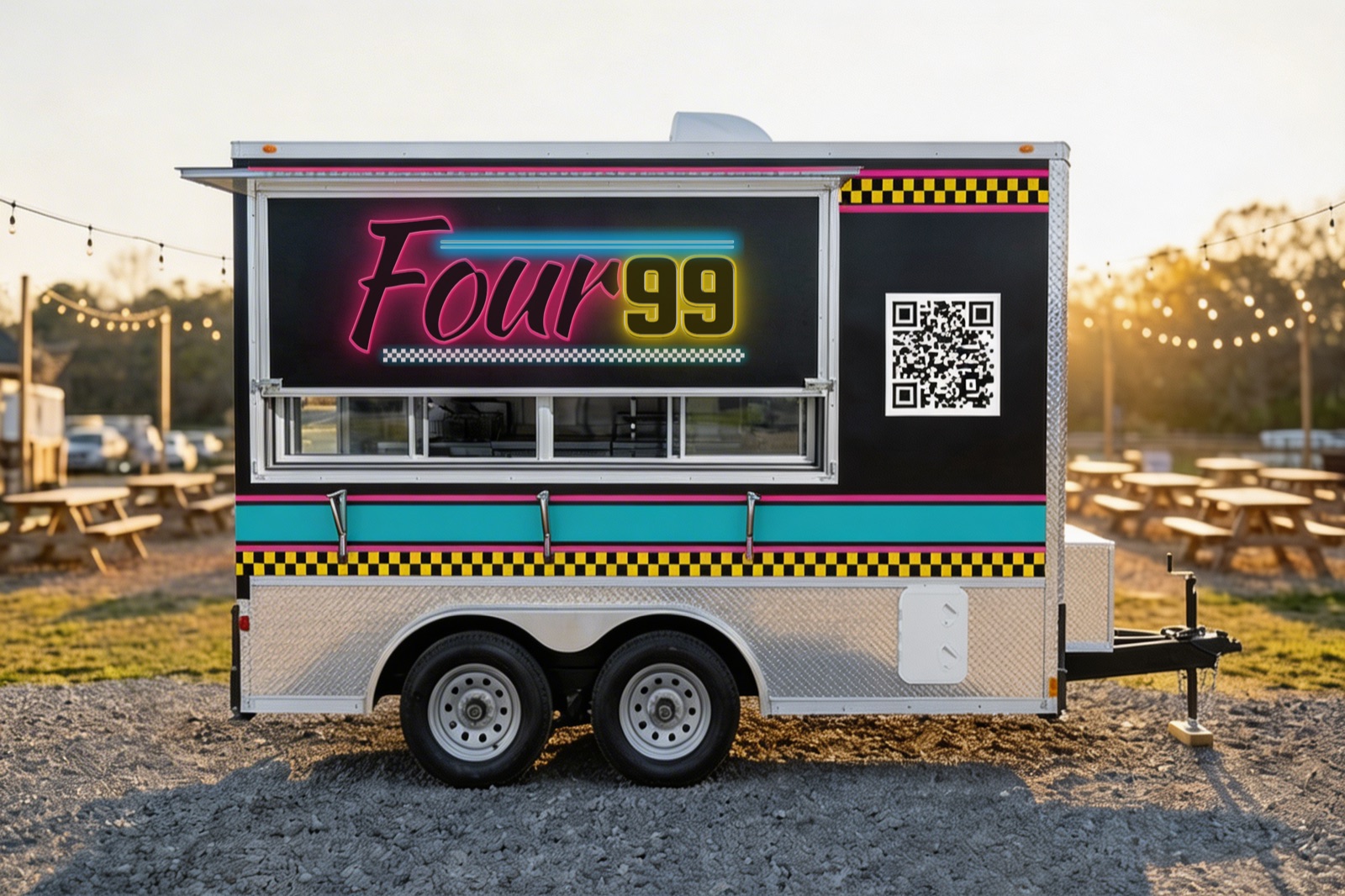 The Four 99 food truck at golden hour showing the neon Four 99 wrap with checkered-flag stripe