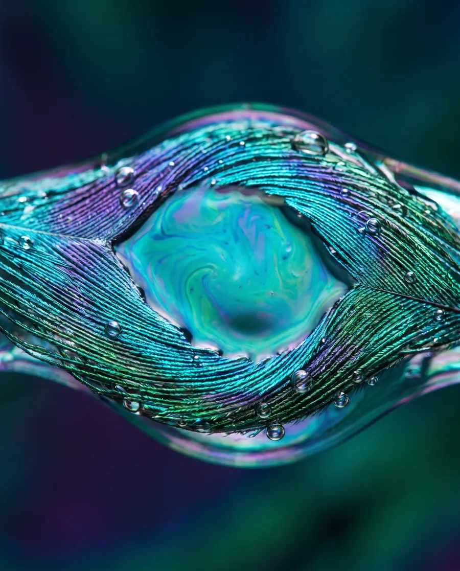 An eye made of swirling glass in teal and violet