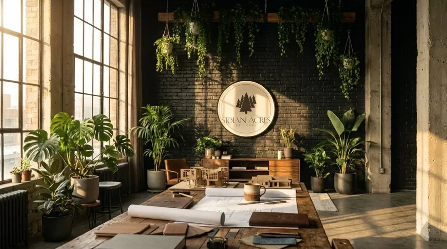 A corner of the studio with plants and a work table