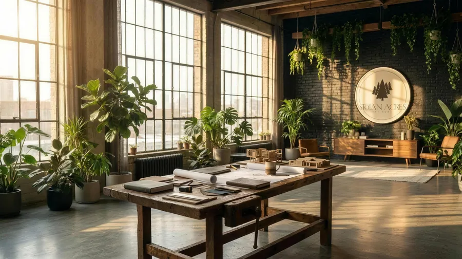 The studio in late light: a long work table, tall windows and plants