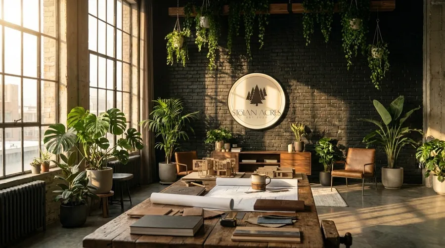 The Stolan Acres studio: a round sign on black brick, hanging plants and a long table