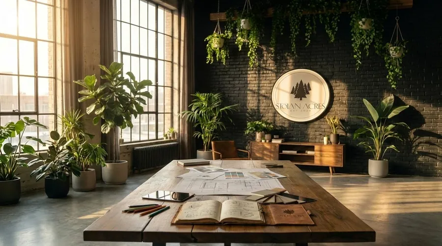 The studio work table with drawings and an open notebook
