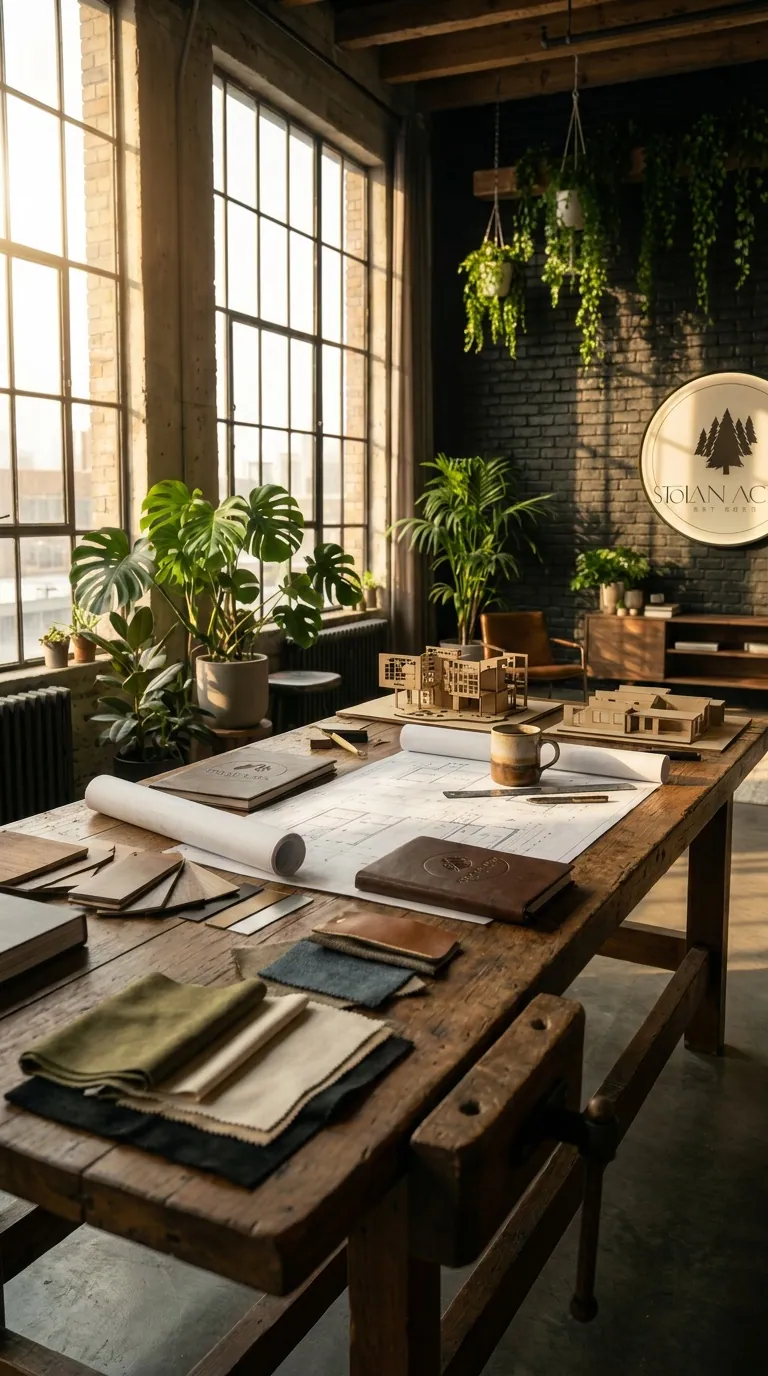 The studio's long work table under the windows, leather and paper laid out