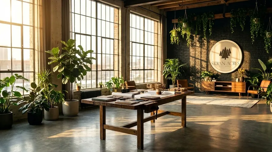 The studio in late afternoon light, plants and a long work table
