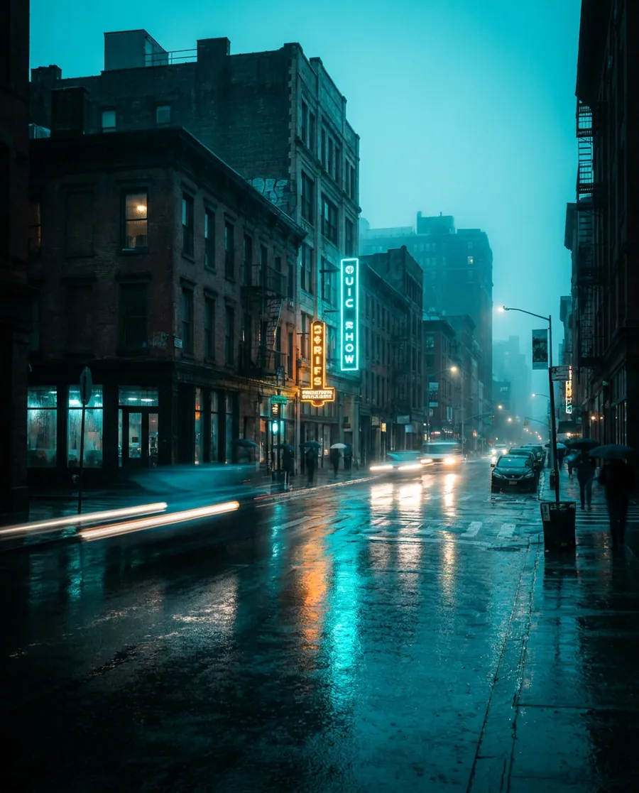 A wet city street at dusk with neon signs reflected in the road