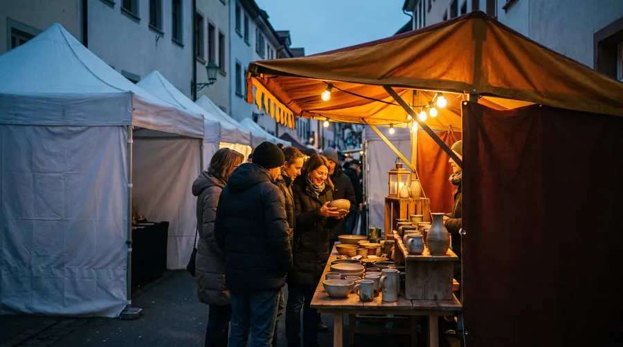 A lit market tent at dusk with people browsing