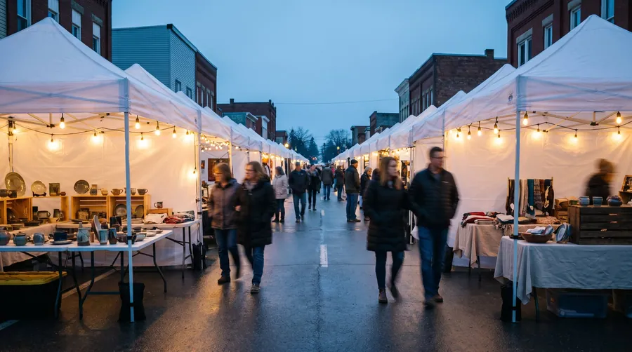 A street of white market tents with people walking past