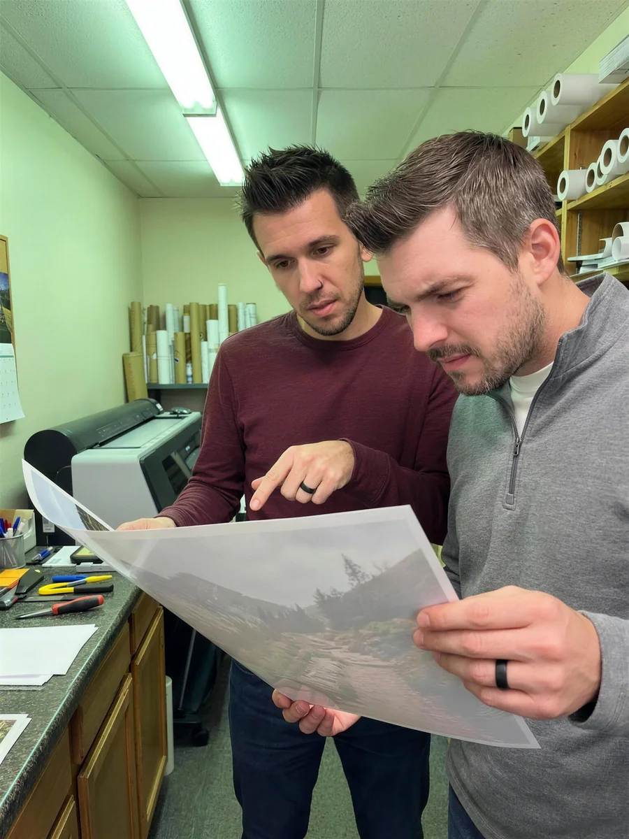 Steve and Nolan checking a print together at a print shop
