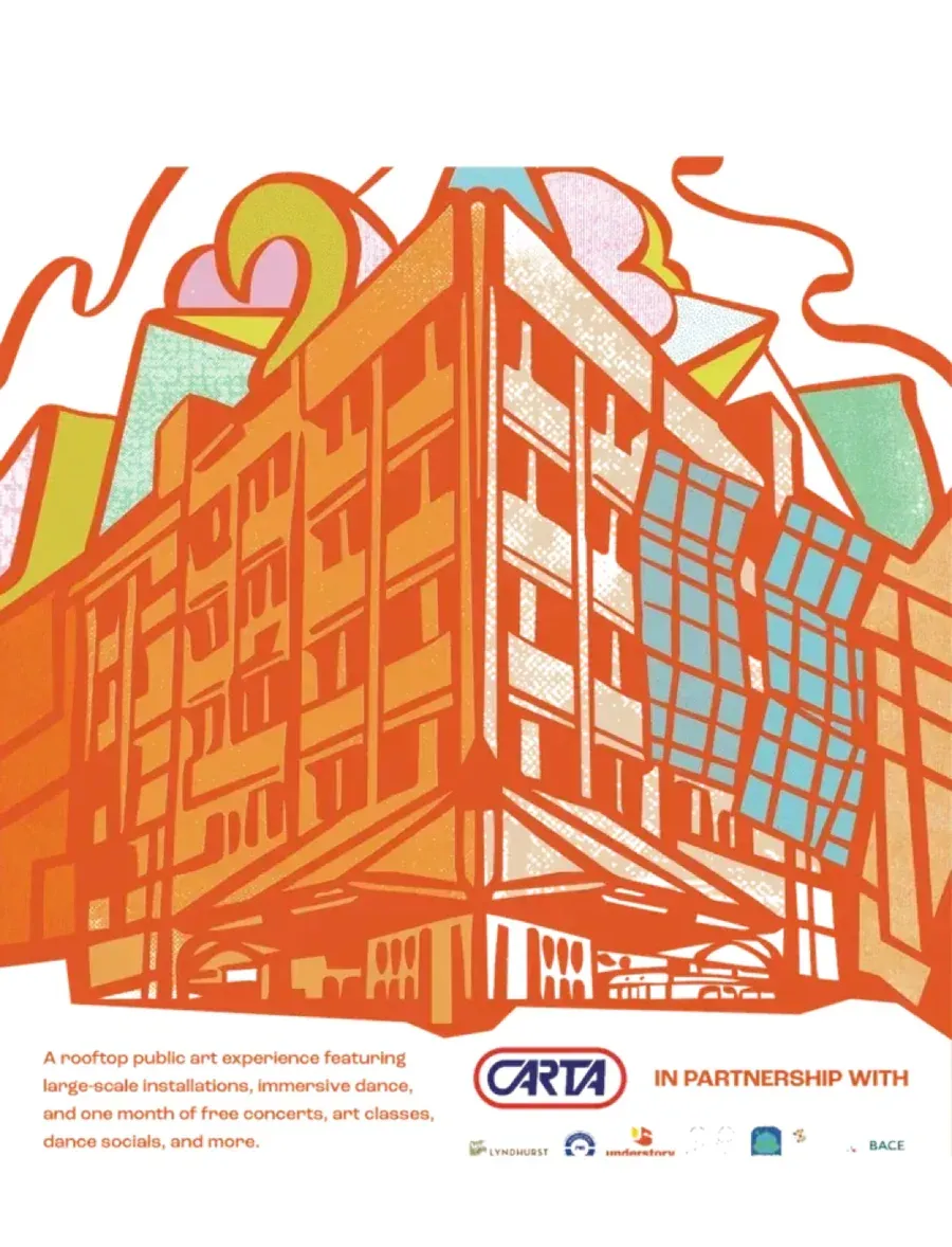 The Search Party poster: the building drawn in orange line