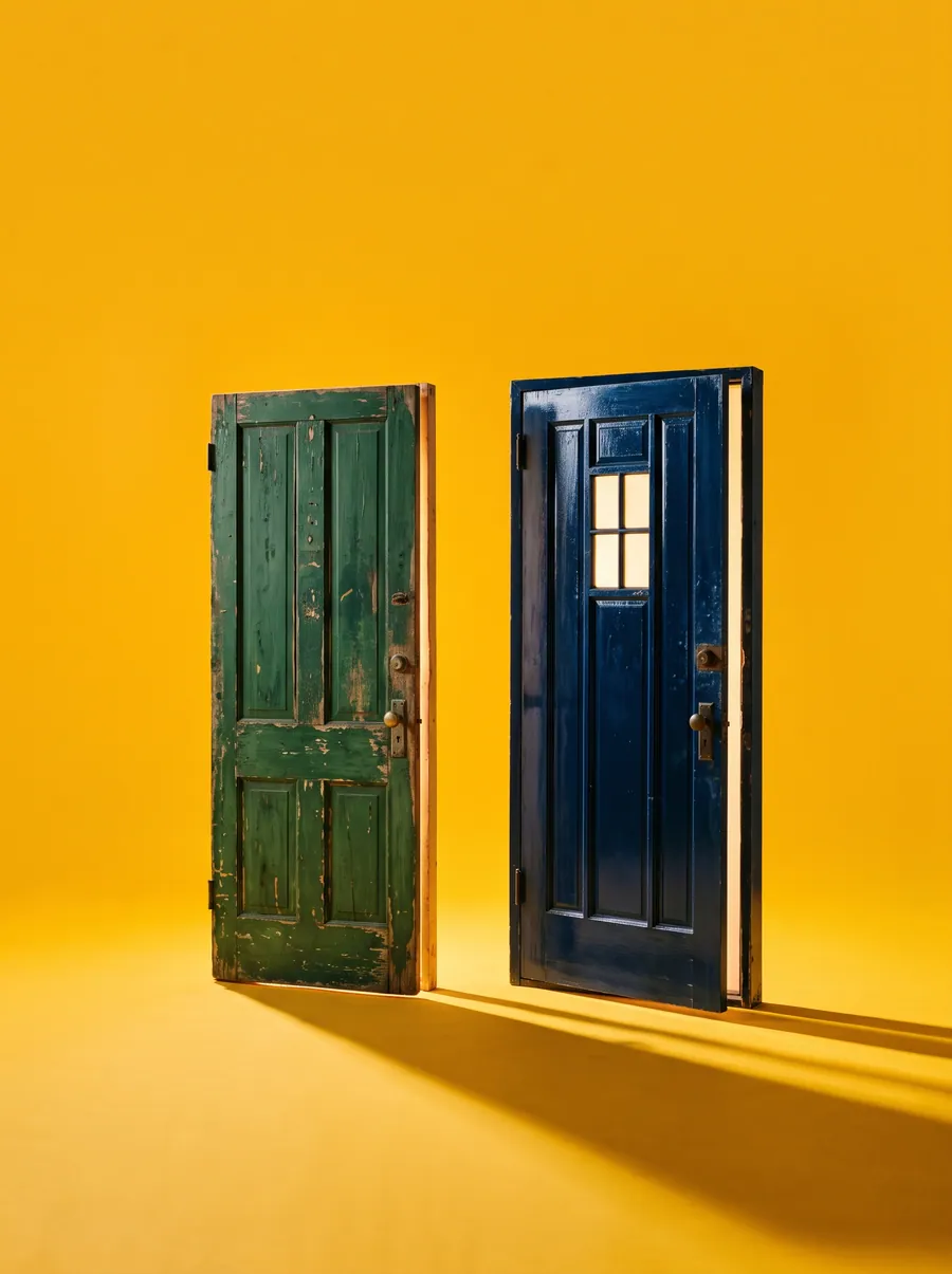 Two old doors standing side by side on a yellow field