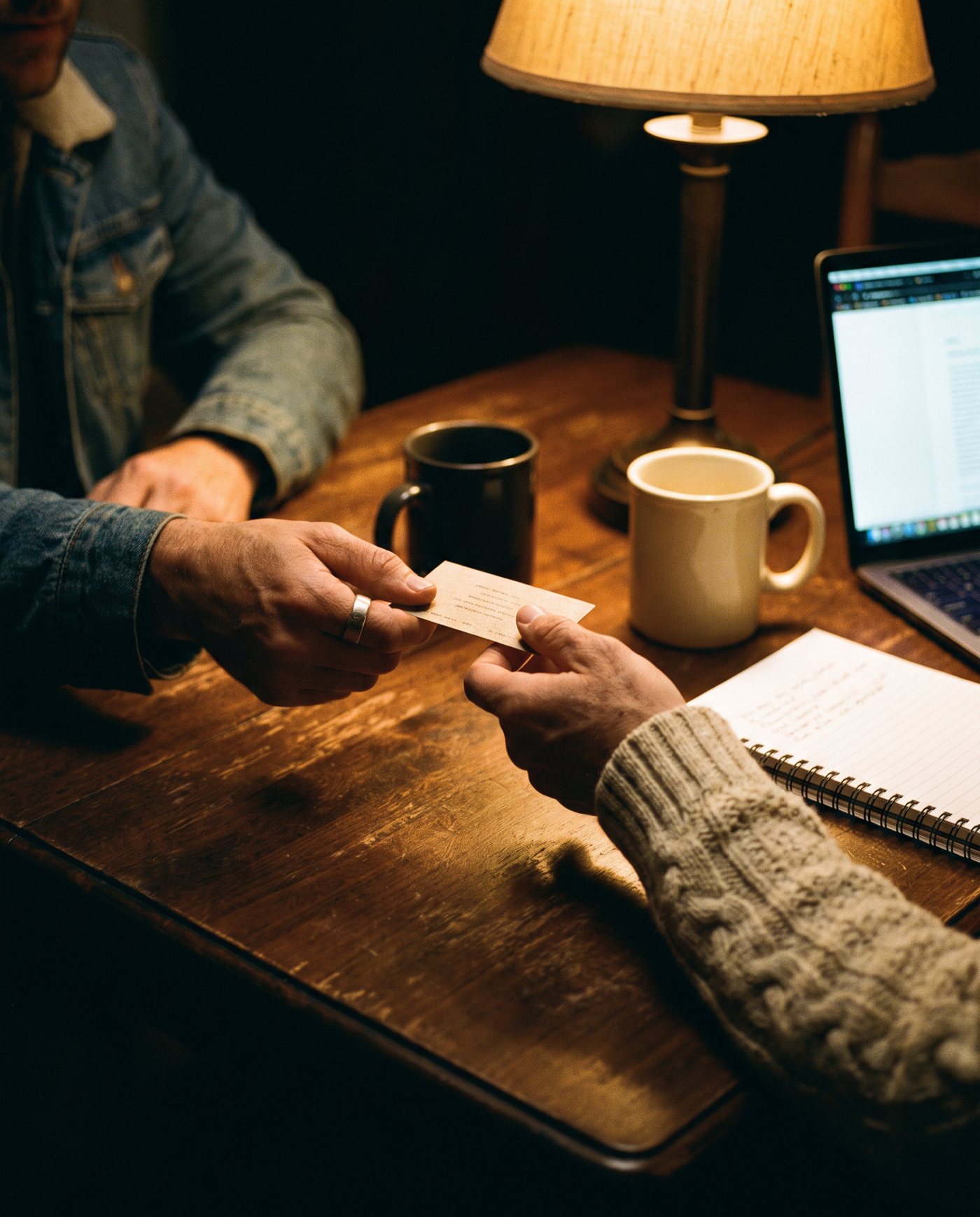 Two people's hands across a table at night, one passing the other a card