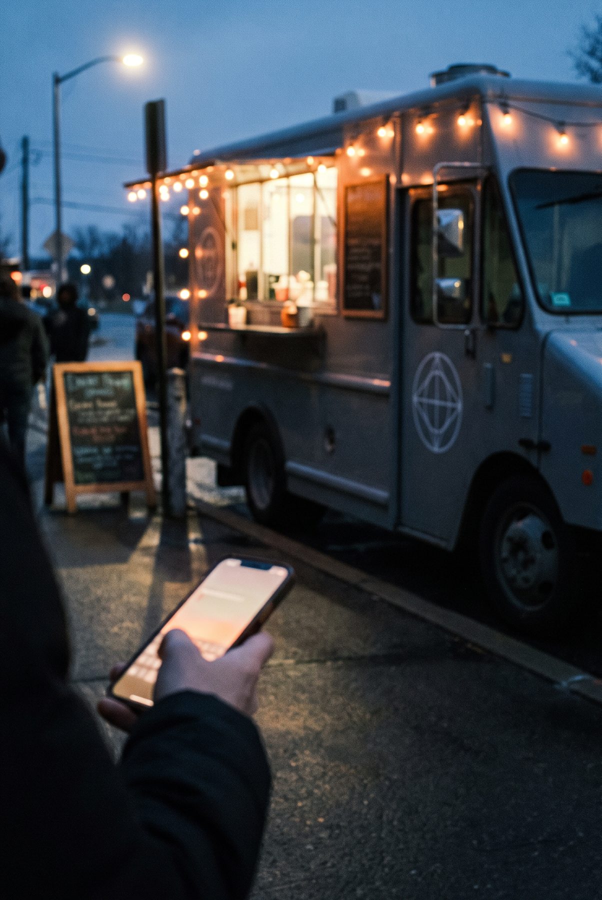 A food truck owner checking their page on a phone at dusk
