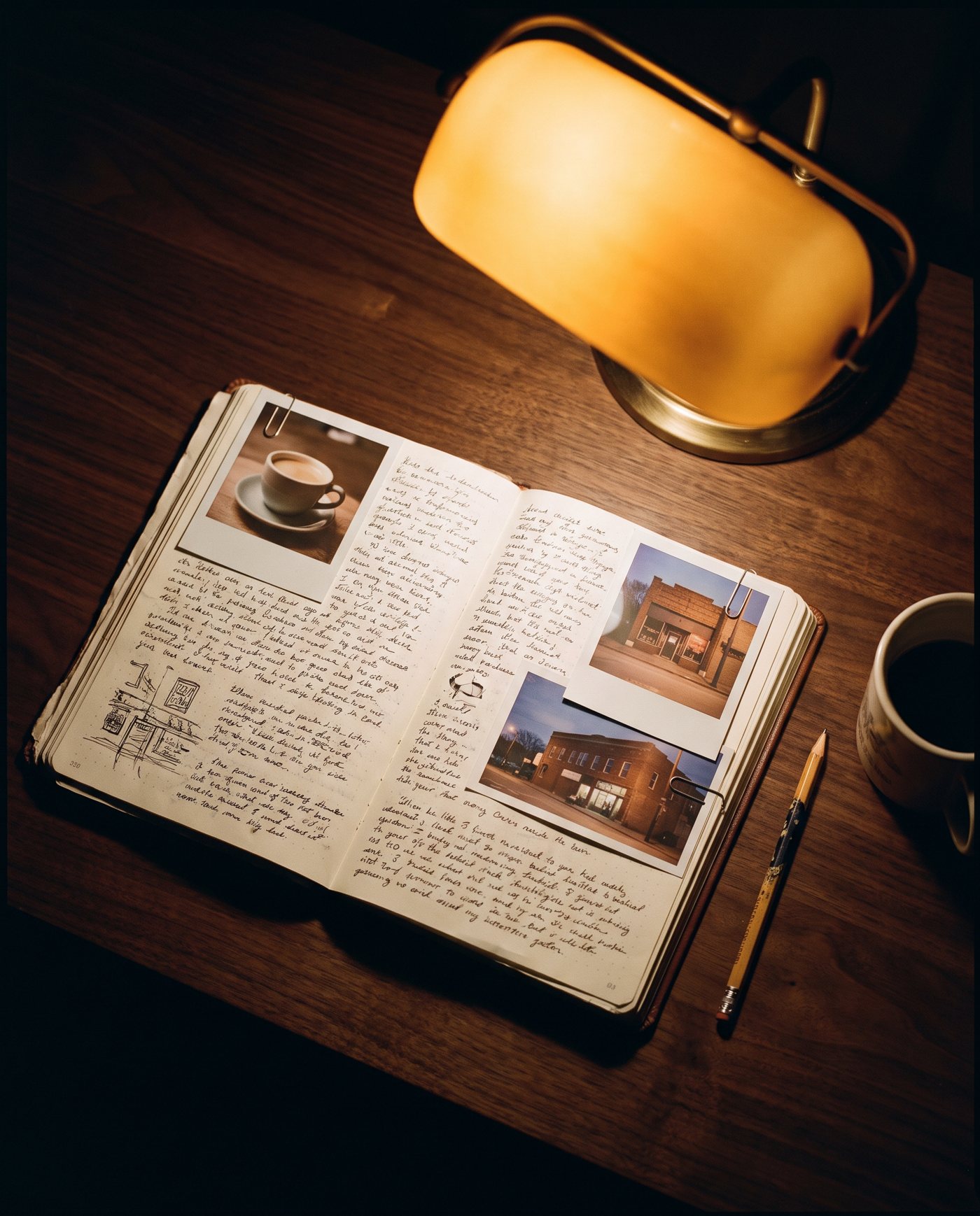 An open notebook of handwritten notes and small business photos on a walnut table